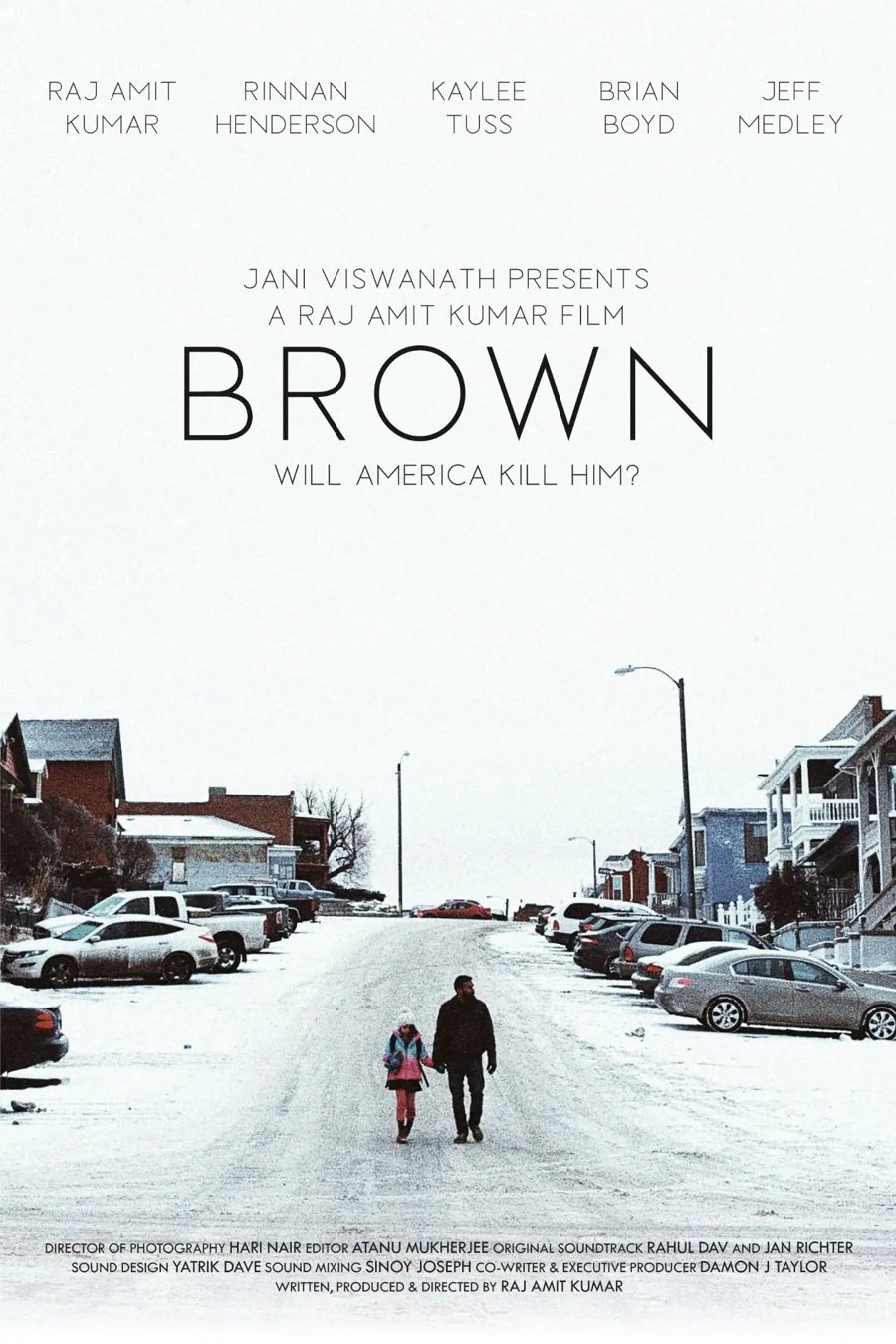 Brown poster. A man and a child walk a snow-covered street.